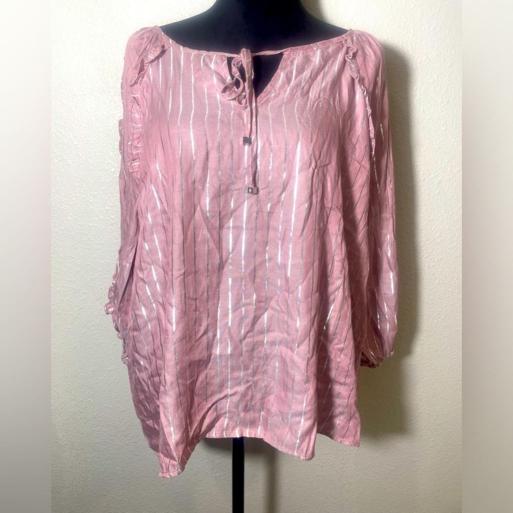 Adrienne Vittadini Pink Metallic Striped Blouse- Size XL- NWT